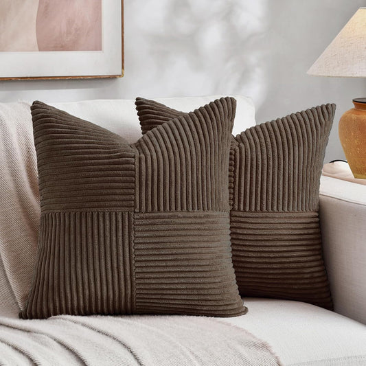 Fancy Homi 2 Packs Dark Brown Samll Decorative Throw Pillow Covers 14x14 Inch with for Couch Bed Sofa, Rustic Farmhouse Boho Home Decor, Soft Corss Patchwork Corduroy Square Cushion Case 35x35 cm