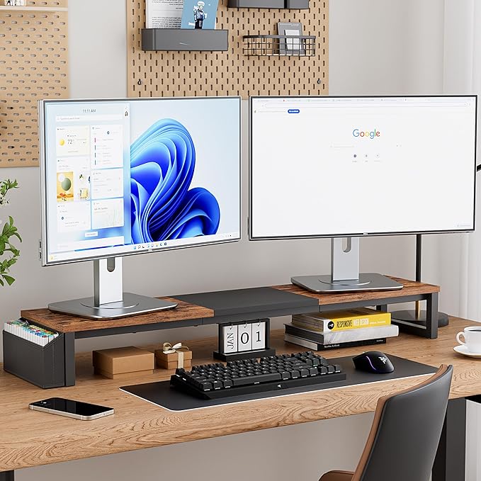 Dual Monitor Stand Riser, 41.5'' Extra Long Wood Monitor Stand Desktop Organizer - Image 2
