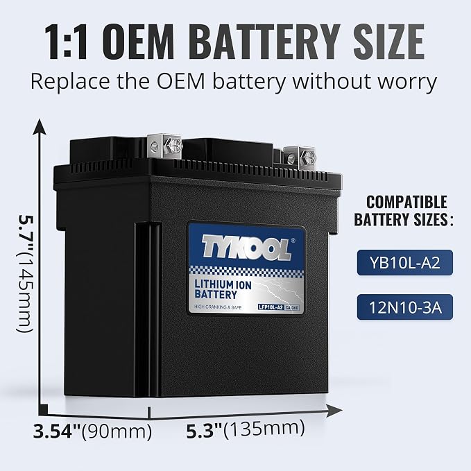 TYKOOL YB10L-A2 Lithium LiFePO4 Motorcycle Battery, 12.8V 6Ah, Built in BMS - Image 3