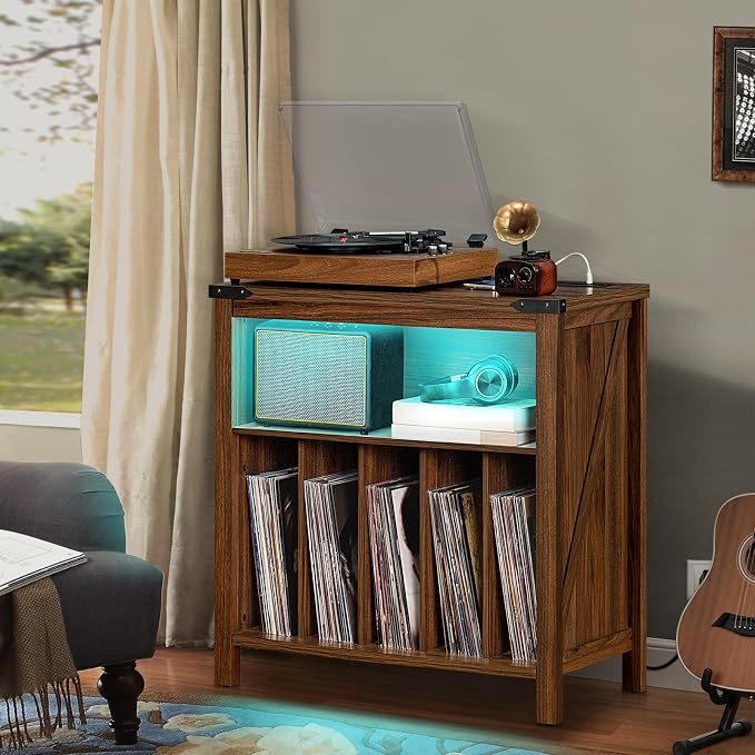 Large Record Player Stand with Charging Station & LED Lights, Vinyl Records - Image 7