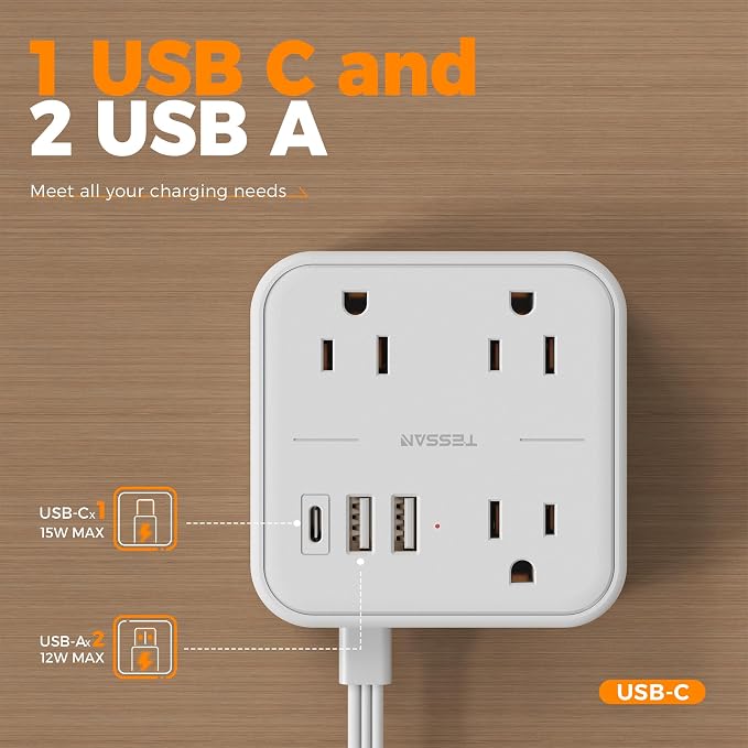 Extension Cord with Multiple Outlets 5 FT, TESSAN Small Flat Plug Power Strip - Image 6