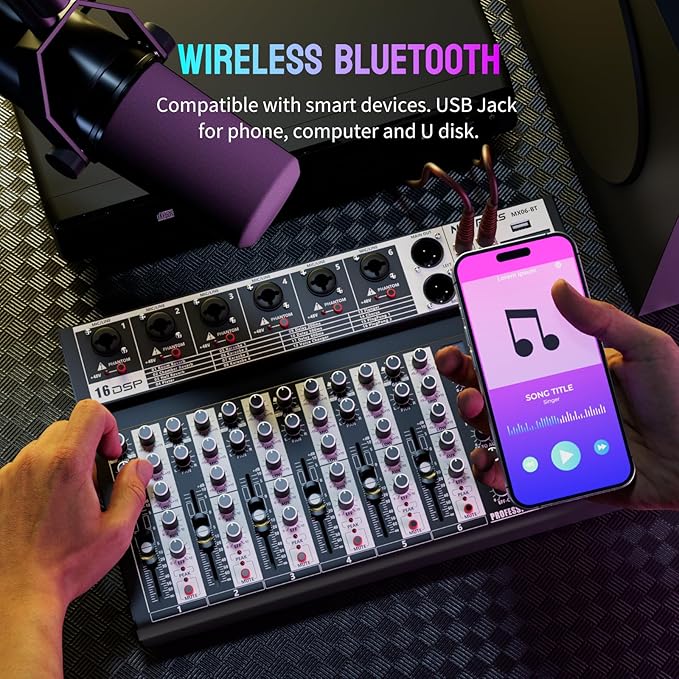 Professional Audio Mixer, 6 Channel Audio Interface Sound Board Mixing Console - Image 3