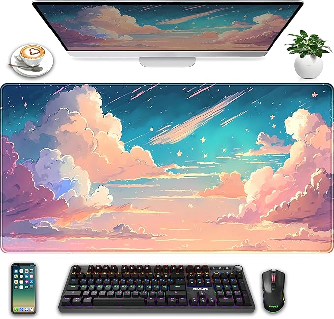 Cool Pink Desk Mat Pastel Clouds Large XXL Gaming Mouse Pad Non-Slip Rubber by LuckyCow