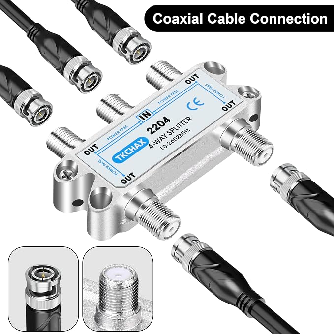 4 Way Coaxial Cable Splitter, Support 10-2602MHz, RG6 Compatible, Nickel-Plated - Image 6