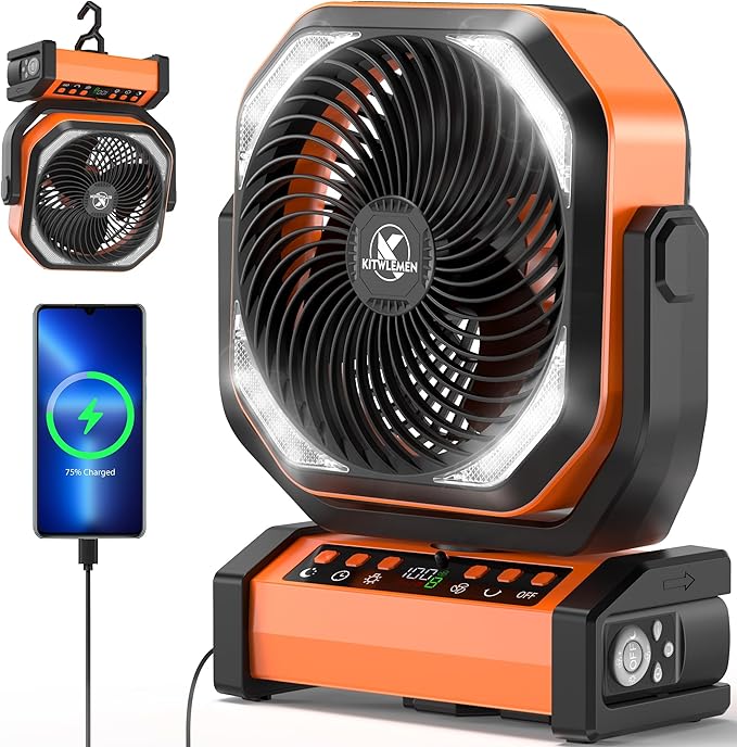 Camping Fan with Light - 20000mAh Rechargeable Battery Fan by KITWLEMEN
