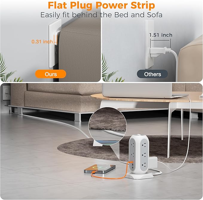 Surge Protector Power Strip Tower 10 Ft, TESSAN Flat Plug Extension Cord - Image 4