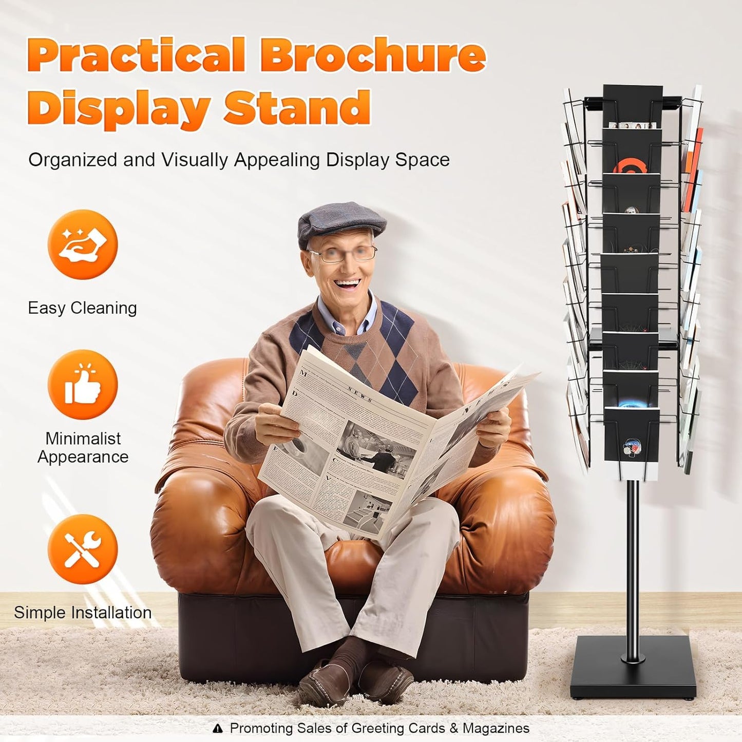 Cashewnuts 36 Pockets Rotating Magazine Rack Floor Standing 360 Degrees Rotating Brochure Display Stand Metal Literature Book Storage for Brochures, CD, DVD, 5.28ft Height