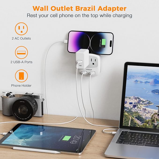 TESSAN Brazil Power Adapter, US to Brazil Plug Adaptor - Image 2