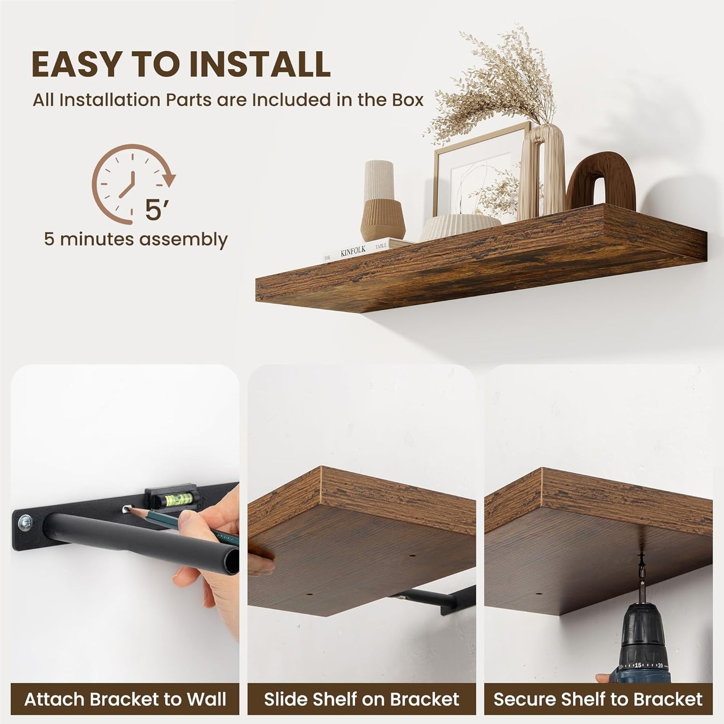 Fun Memories Floating Shelves for Wall, 32 Inch Long Floating Shelves Set of 2, 32 x 10 Wooden Shelves for Wall, Large Storage Shelves, Hanging Shelves for Bathroom Kitchen Bedroom, Rustic Brown