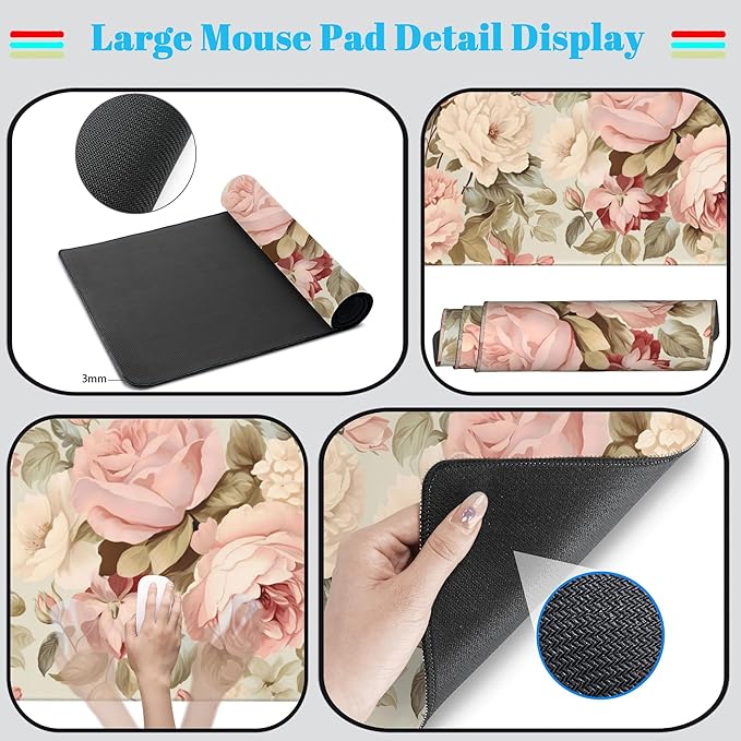 Cute Floral Desk Mat Pastel Roses Gaming Mouse Pad XXL Large Extended Flowers - Image 4