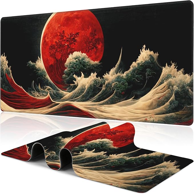 Red Moon Above The Sea Desk Mat, Large Chinese Style Landscape Gaming Keyboard by NIYLYNSYN