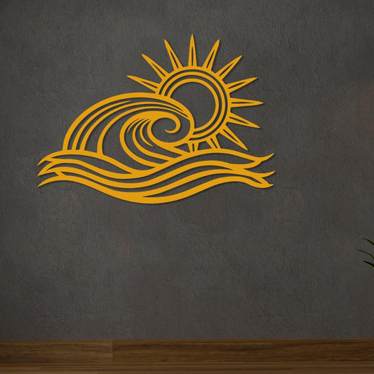 Wita Home Ocean Wave Metal Wall Art, Sun Beach Decor, Coastal Large Wall Sculpture for Home, Indoor/Outdoor Use, Nautical Wall Hanging, Eye-Catching Addition to Living Room (Gold, 32 x 19 inches)