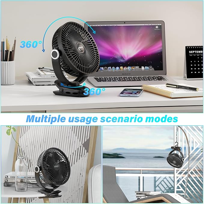 12000mAh Clip on Fan 30H Longest Runtime, 8in Portable Fan Rechargeable - Image 4