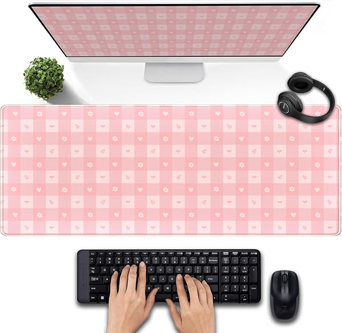 Pink Minimalist Gingham Floral Desk Mat Gaming Mouse Pad Large Cute Pastel Desk by DSKGSJH
