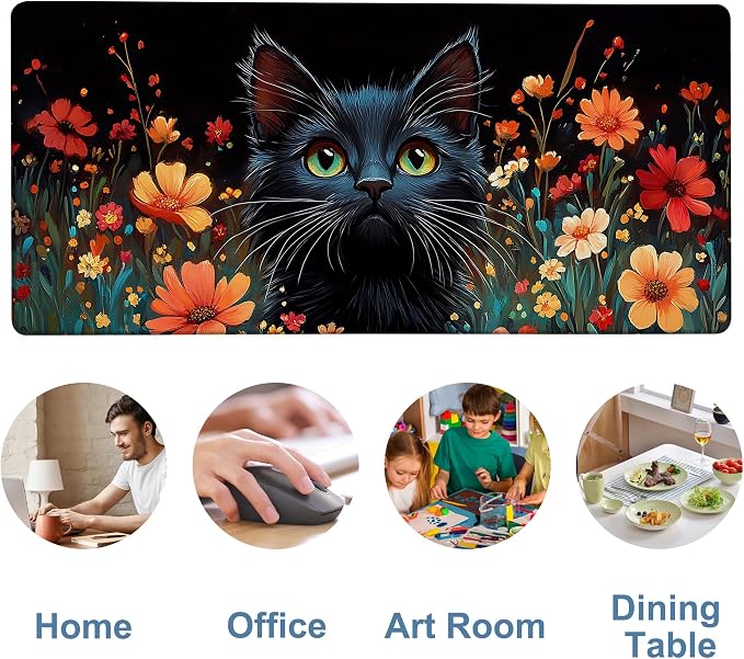 Black Cat and Flowers Gaming Mouse Pad 3mm Thick Stitched Edge Waterproof - Image 5