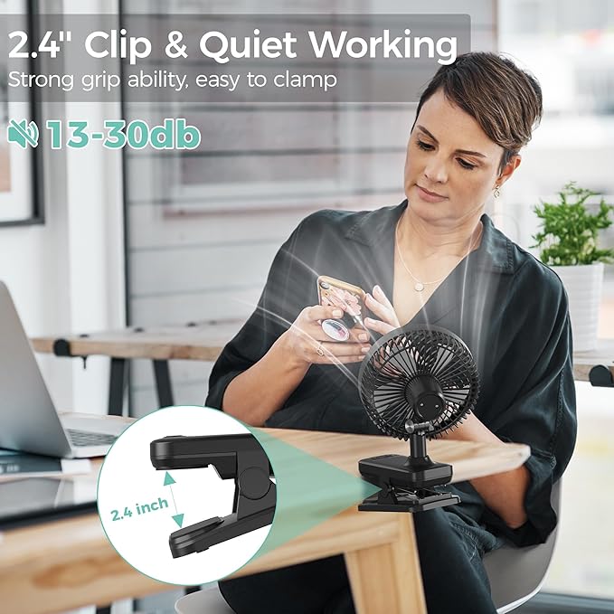 7-Inch Clip On Fan, 10000mAh Rechargeable Battery Operated Desk Fan, Auto - Image 4