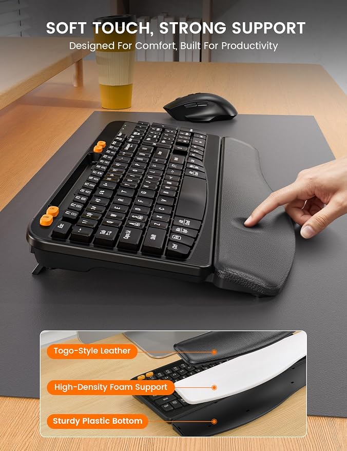 Wireless Keyboard and Mouse Combo, Ergonomic Wave Keys, Cushioned Plam Rest - Image 3