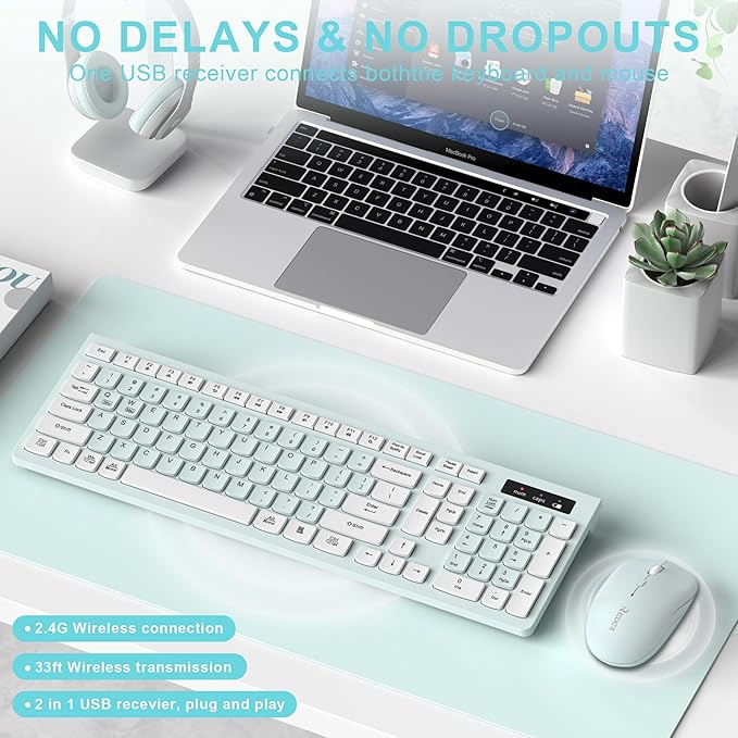 Wireless Keyboard and Mouse Combo, Full-Sized Wireless Keyboard and Adjustable - Image 2