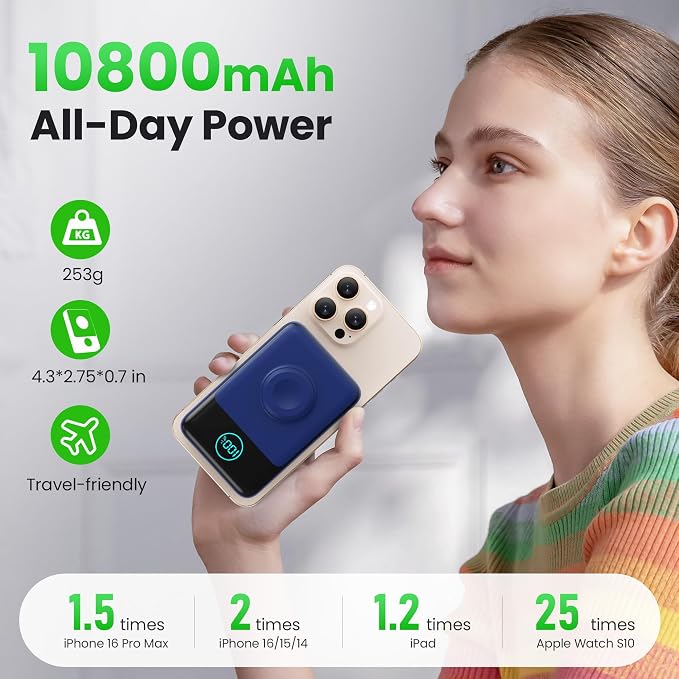 Magnetic Portable Charger for iPhone, 3-in-1 10800mAh Qi2 15W Wireless Power - Image 4