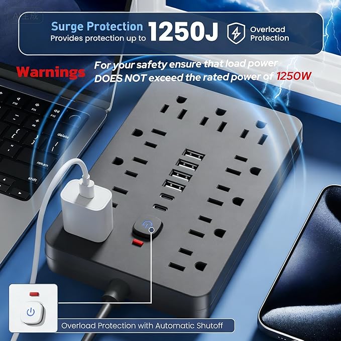 10 FT Flat Plug Surge Protector Power Strip, 11 Multiple AC Outlets - Image 8