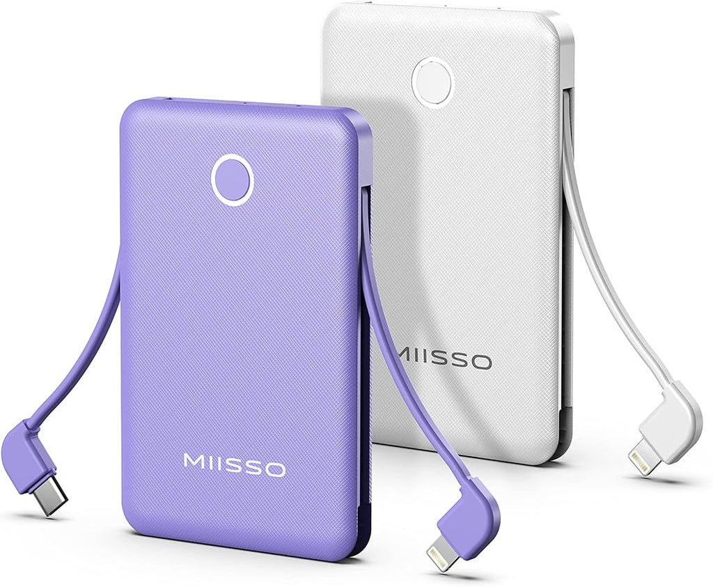 2-Pack 6000mah Ultra Slim Built in Cables Power Bank, Card Size Built in USB C by MIISSO