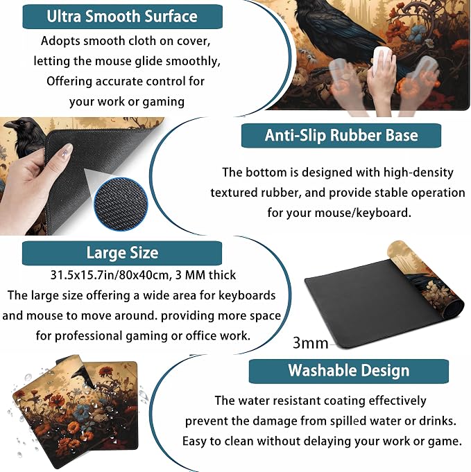 Anime Crow Kawaii Desk Mat Cute Retro Floral Mouse Pad Gaming Desk Pad XXL - Image 3