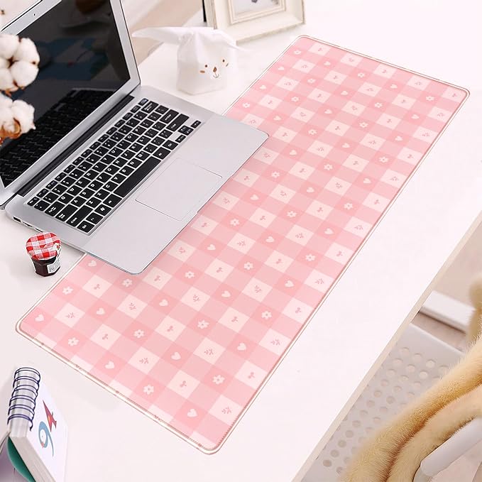 Pink Minimalist Gingham Floral Desk Mat Gaming Mouse Pad Large Cute Pastel Desk - Image 6