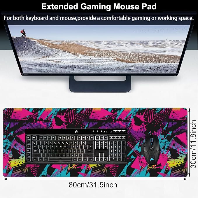 Abstract Grunge Elements Desk Mat, Large Neon Color Patterns Gaming Keyboard - Image 2