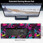 Abstract Grunge Elements Desk Mat, Large Neon Color Patterns Gaming Keyboard - Image 2