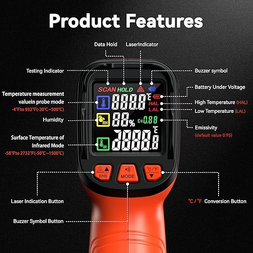 -58°F to 2732°F Infrared Thermometer IR Laser Gun 50:1, Digital Temperature - Image 4