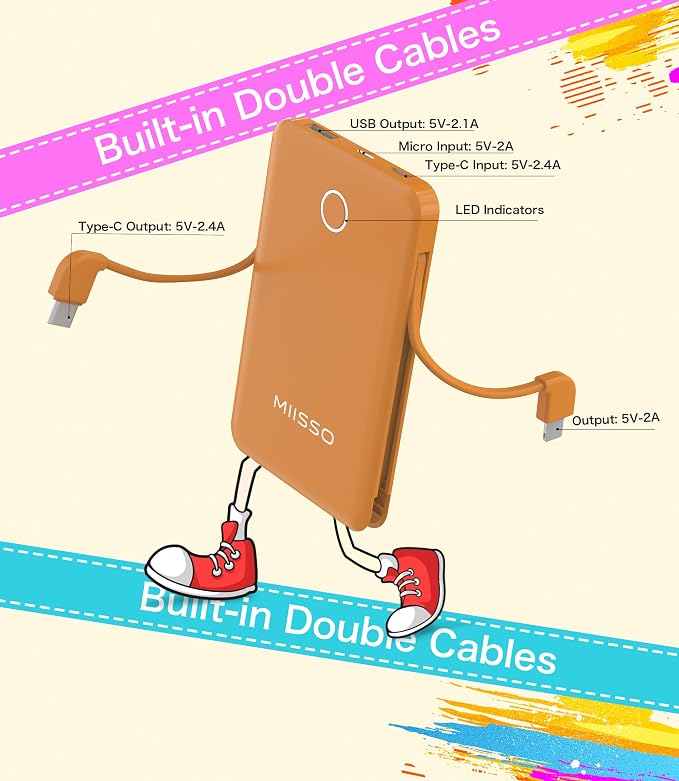 6000mah Ultra Slim Built in Cables Power Bank, Card Size Built in USB C Cords - Image 4