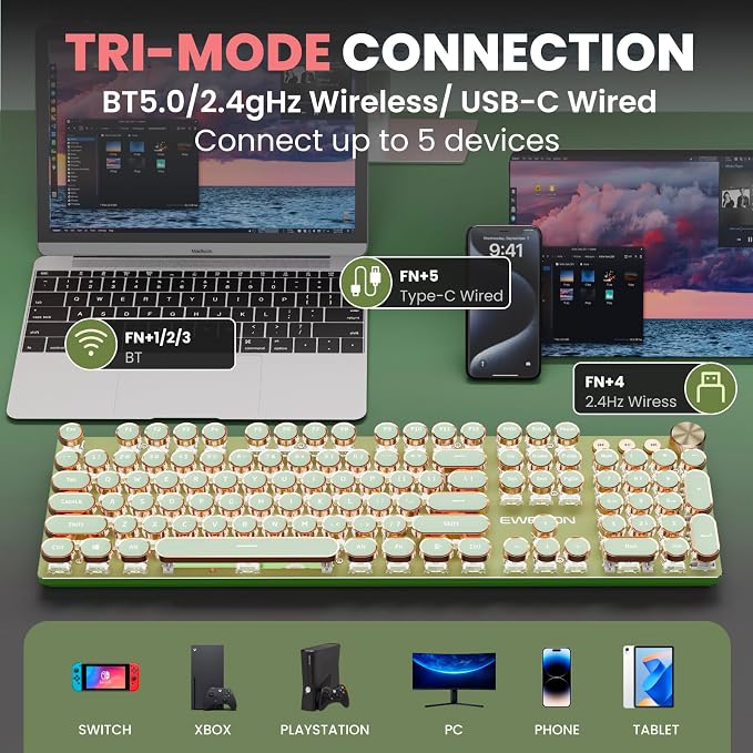EWEADN V20 Typewriter Keyboard Wireless, 104 Keys Typewriter Style Mechanical - Image 3