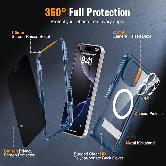 360° Protection Magnetic for iPhone 16 Pro Case Built-in 9H Privacy Screen - Image 6