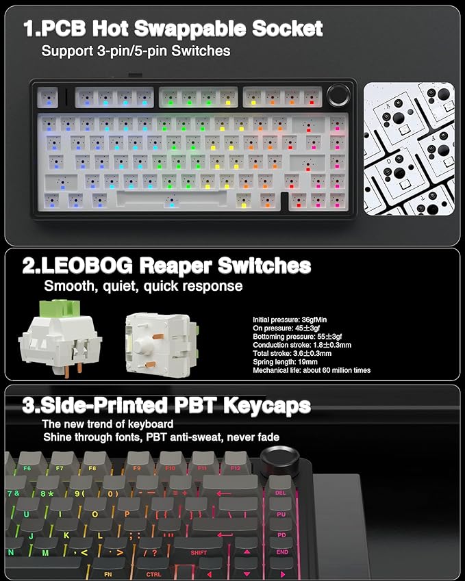 AULA F75 Pro Wireless Mechanical Keyboard, 75% Hot Swappable Custom Keyboard - Image 5