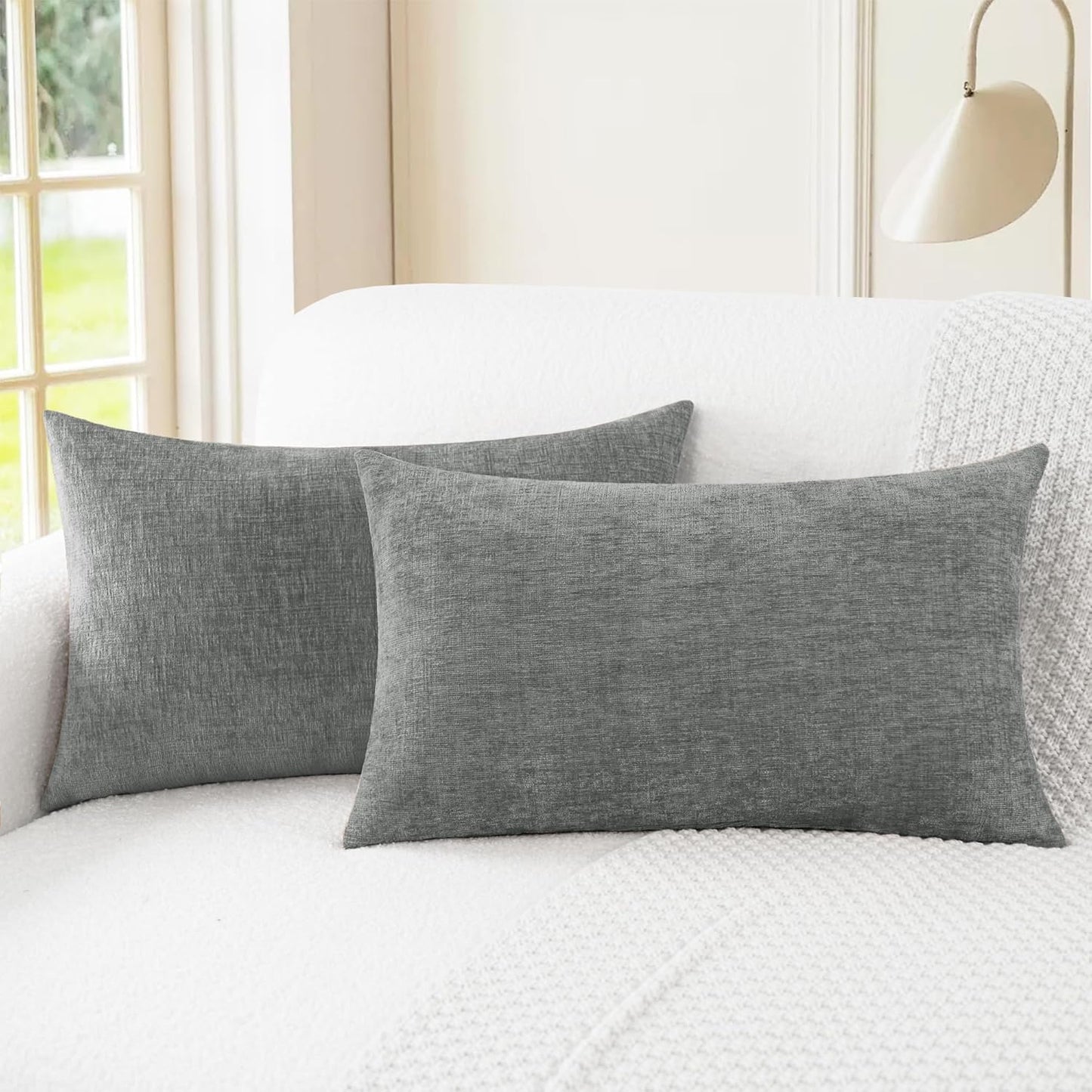 CaliTime Throw Pillow Covers Decorative 16 X 26 Inches Pack of 2 Cozy Chenille Cushion Cases for Couch Sofa Bed Living Room Home Medium Grey