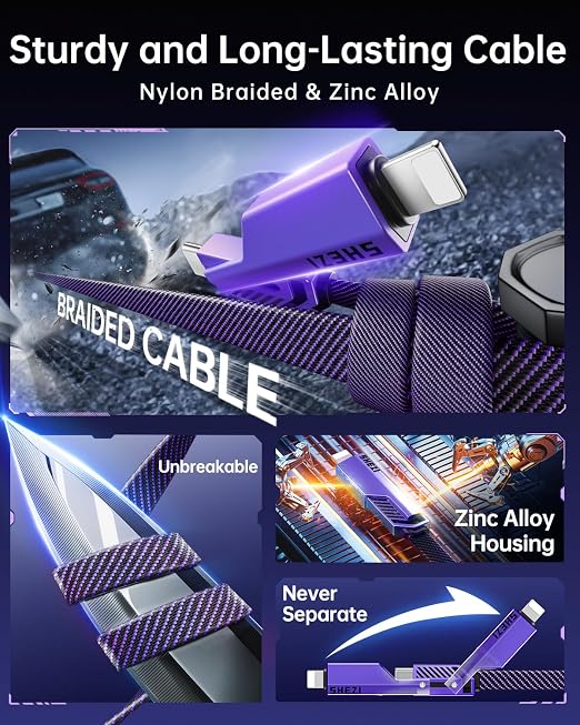 SHEZI 4-in-1 Long USB C Cable 60W 10FT Fast Charging Flat Nylon Braided Charger - Image 5