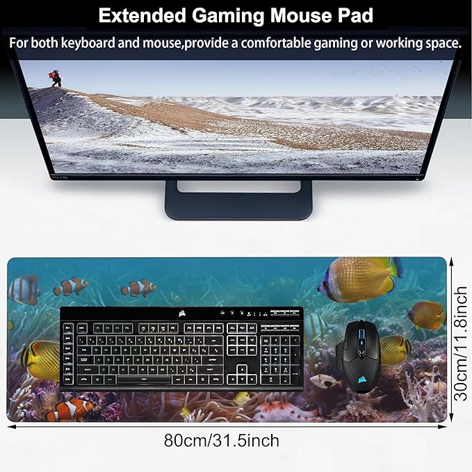 Vibrant Underwater World Desk Mat, Large Tropical Fishes on Coral Reefs Gaming - Image 2