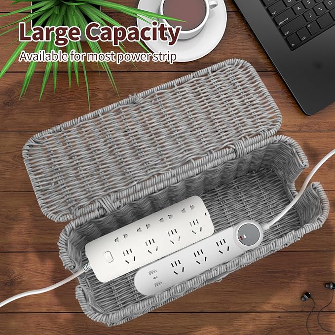 Cable Management Box, Woven Rattan Cord Hider - Image 2