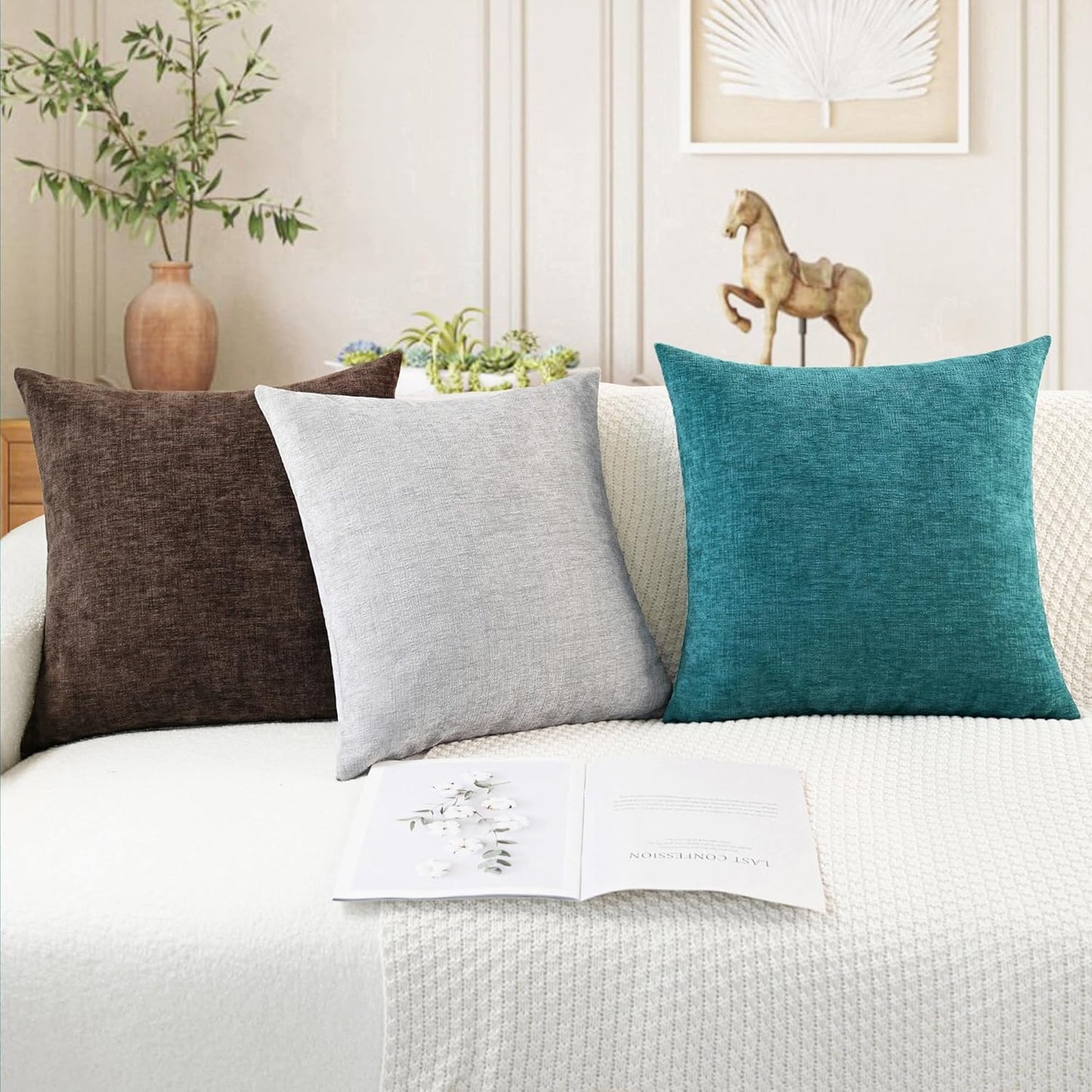 CaliTime Throw Pillow Covers Decorative 22 X 22 Inches Pack of 2 Cozy Chenille Cushion Cases for Couch Sofa Bed Living Room Home Teal