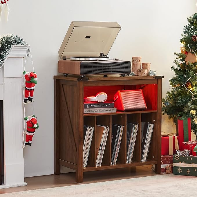 Large Record Player Stand with Charging Station & LED Lights, Vinyl Records - Image 4