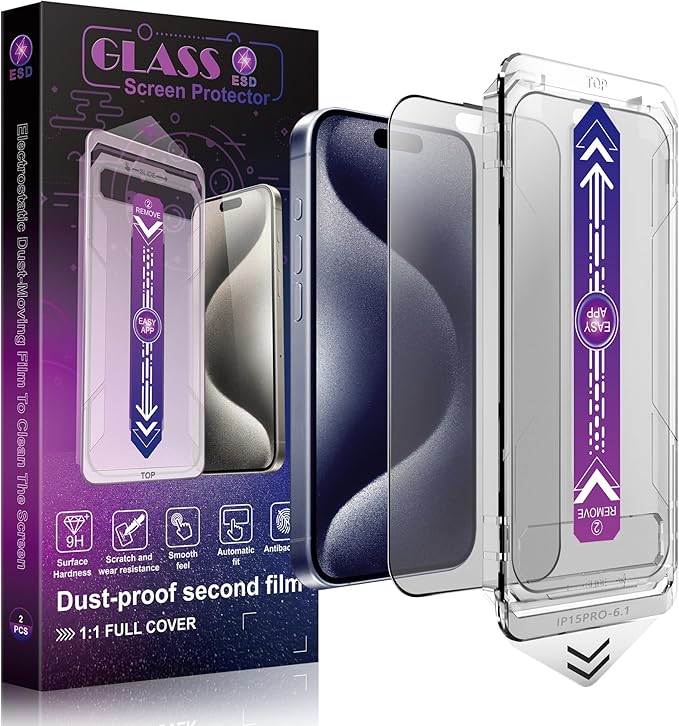 2 Pack Matte Screen Protector for iPhone 15 Pro 6.1-Inch Auto Dust Removal by SHANG+PIN+JIA
