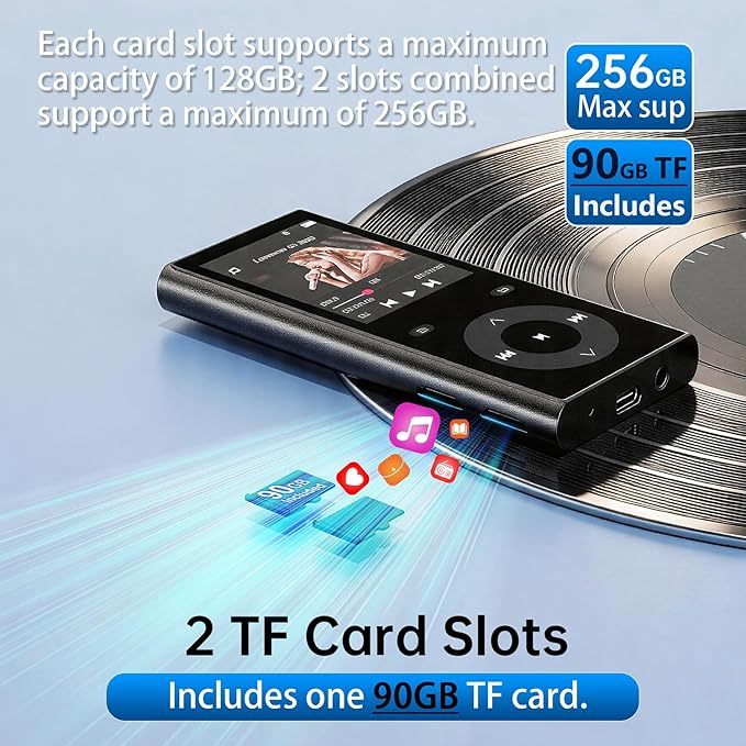 90GB MP3 Player with Bluetooth 5.3, Music Player with 2 TF Card Slots, 2.4" - Image 2