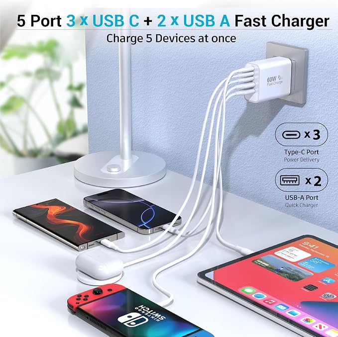 USB C Block 60W, 5 Ports Wall Plug Fast Charging Block, PD+QC Multiport Power - Image 4