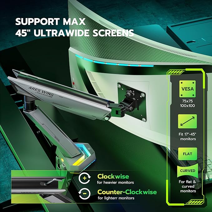 ARES WING RGB Single Monitor Arm Desk Mount - Image 4