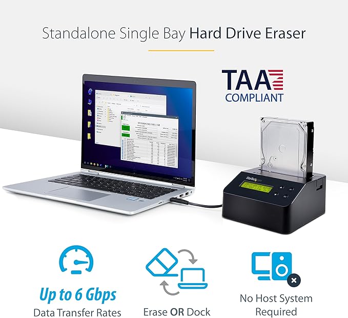 StarTech.com Single Bay Hard Drive Eraser, Standalone HDD/SSD Disk - Image 2