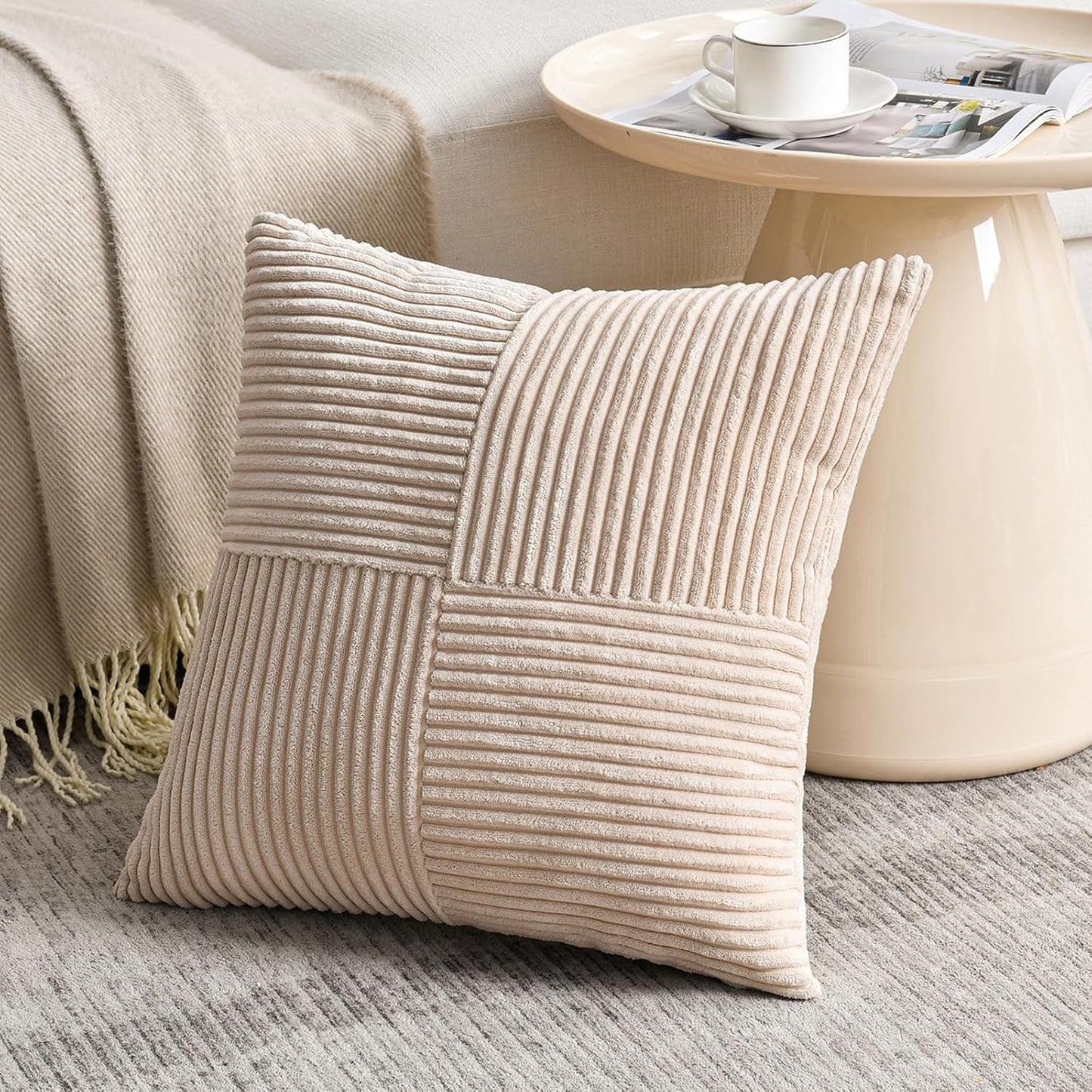 Fancy Homi 2 Packs Tan Decorative Throw Pillow Covers 22x22 Inch for Living Room Couch Bed Sofa, Rustic Farmhouse Boho Home Decor, Soft Corss Corduroy Patchwork Accent Beige Cushion Case 55x55 cm