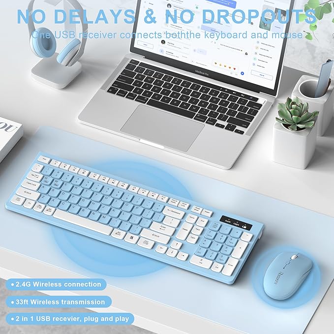 Wireless Keyboard and Mouse Combo, Full-Sized Wireless Keyboard and Adjustable - Image 2