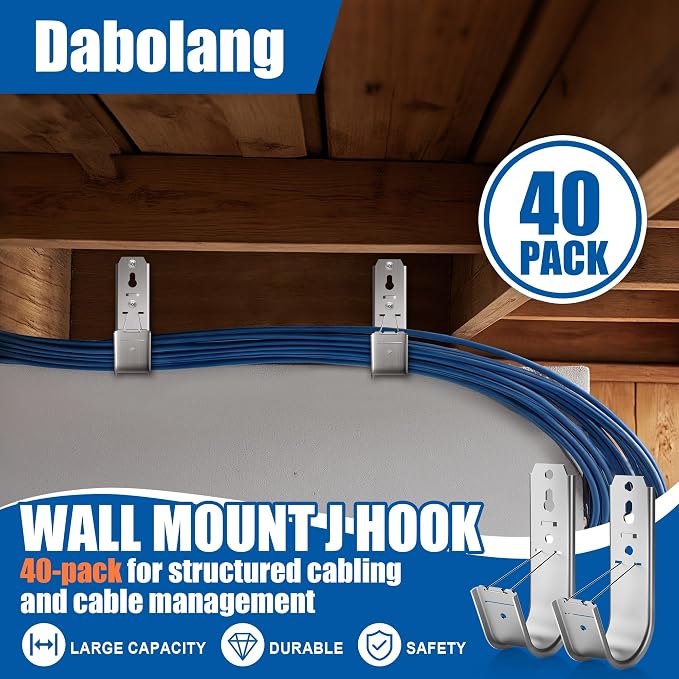 40 Pack J Cable Hook with Retainer Clip, 2-Inch Heavy Duty Wall Mount J-Hooks - Image 4