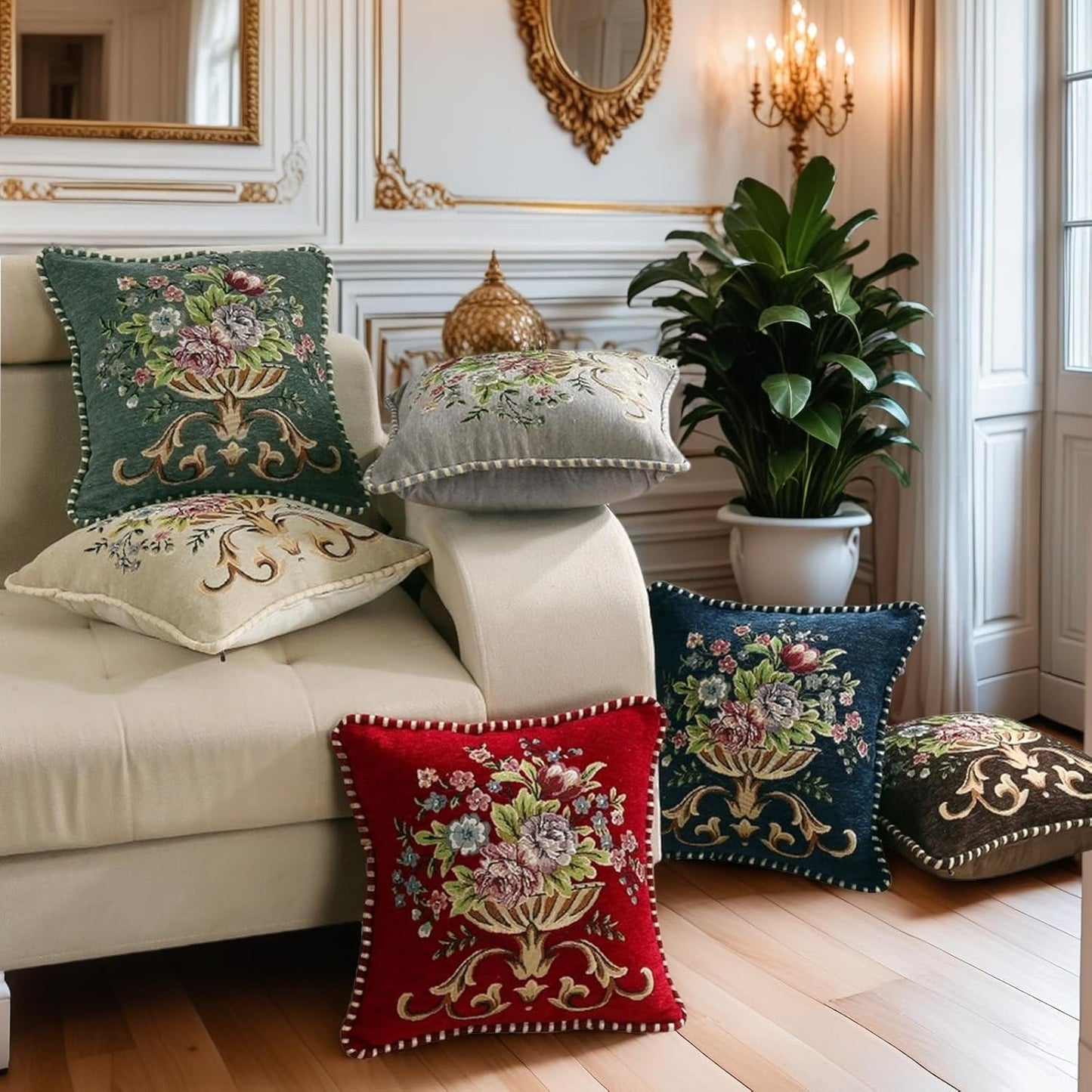 Set of 2 Blue Vintage Embroidered Throw Pillows Covers 18x18in，Vintage Decorations Floral Embroidered Cushion Cover for Sofa Couch Bed Chairs Car