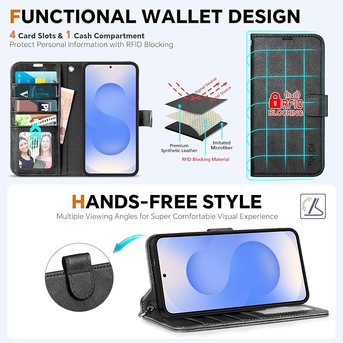 TUCCH Wallet Case for Galaxy S25 Edge, Wrist Strap RFID Blocking PU Leather - Image 5
